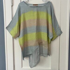 Free for Humanity linen pastel striped asymmetric hem top lagenlook artsy